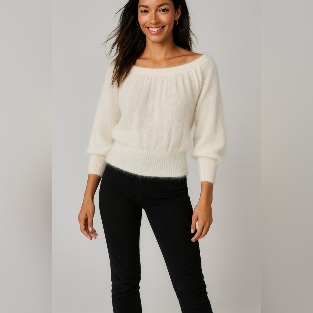 Cream Fuzzy‎ Knit Off Shoulder Sweater Balloon Sleeve Soft Cozy Top